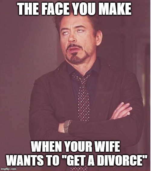 Face You Make Robert Downey Jr Meme | THE FACE YOU MAKE; WHEN YOUR WIFE WANTS TO "GET A DIVORCE" | image tagged in memes,face you make robert downey jr | made w/ Imgflip meme maker