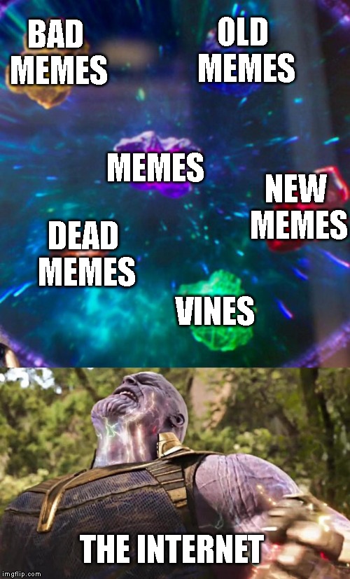 Thanos Infinity Stones | OLD MEMES; BAD MEMES; MEMES; NEW MEMES; DEAD MEMES; VINES; THE INTERNET | image tagged in thanos infinity stones,memes,internet | made w/ Imgflip meme maker