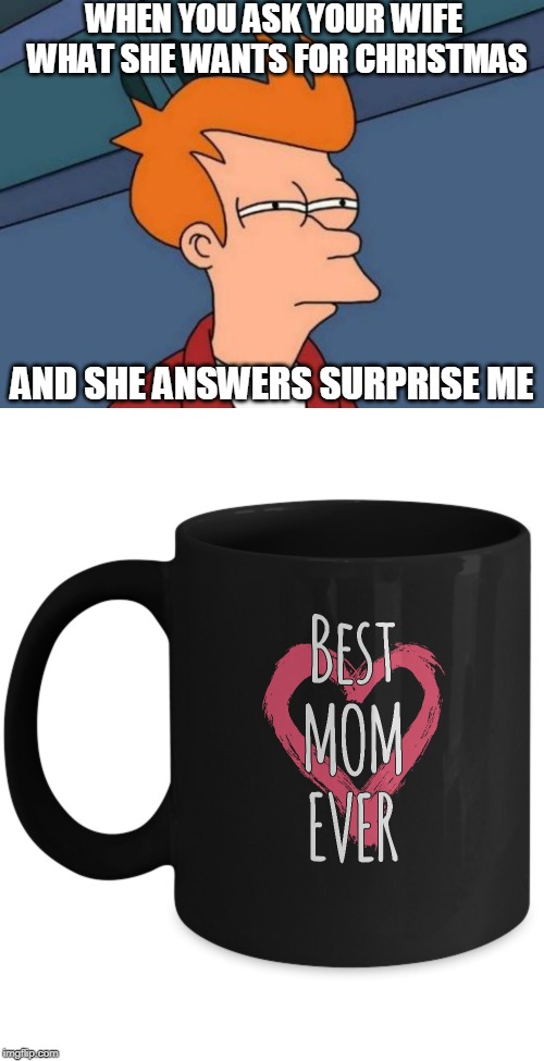 WHEN YOU ASK YOUR WIFE WHAT SHE WANTS FOR CHRISTMAS; AND SHE ANSWERS SURPRISE ME | image tagged in memes,futurama fry | made w/ Imgflip meme maker