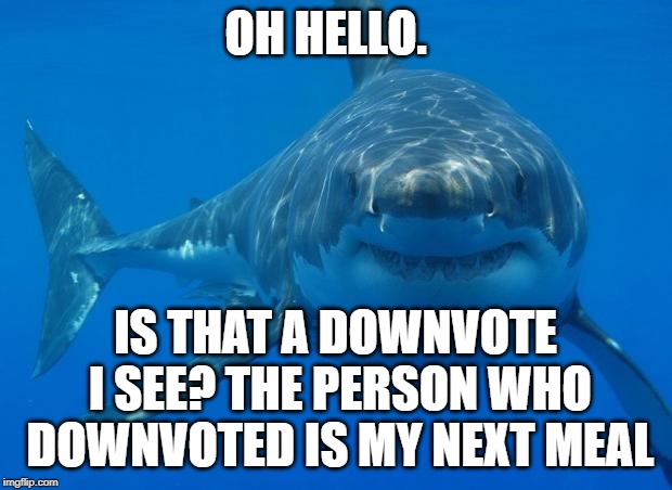 Straight White Shark | OH HELLO. IS THAT A DOWNVOTE I SEE?
THE PERSON WHO DOWNVOTED IS MY NEXT MEAL | image tagged in straight white shark | made w/ Imgflip meme maker