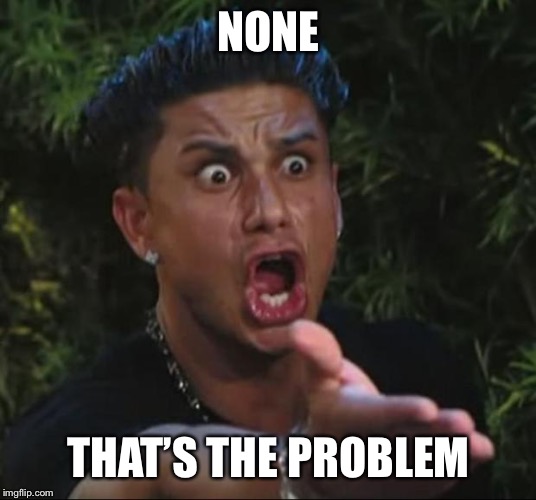 DJ Pauly D Meme | NONE THAT’S THE PROBLEM | image tagged in memes,dj pauly d | made w/ Imgflip meme maker