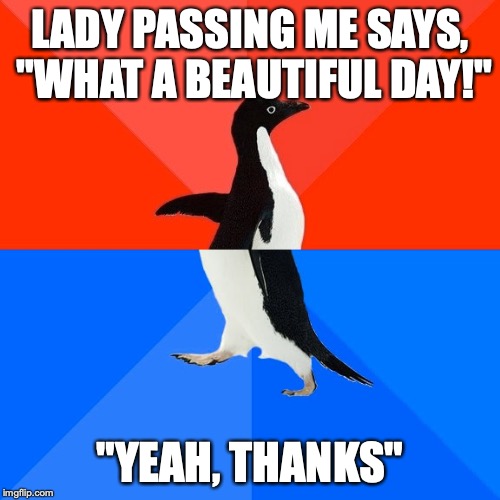 Socially Awesome Awkward Penguin Meme | LADY PASSING ME SAYS, "WHAT A BEAUTIFUL DAY!"; "YEAH, THANKS" | image tagged in memes,socially awesome awkward penguin,AdviceAnimals | made w/ Imgflip meme maker