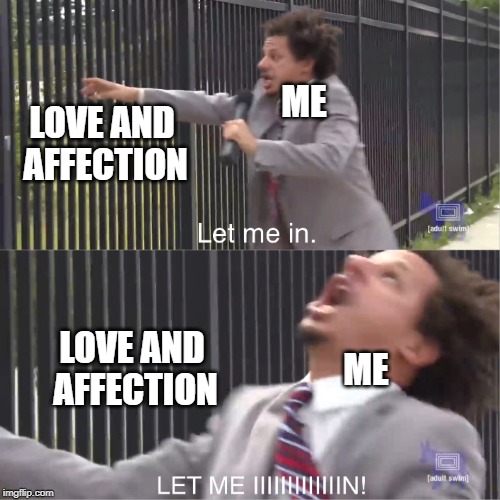 Share the Love | ME; LOVE AND AFFECTION; ME; LOVE AND AFFECTION | image tagged in let me in,2019,love,eric andre,funny memes | made w/ Imgflip meme maker