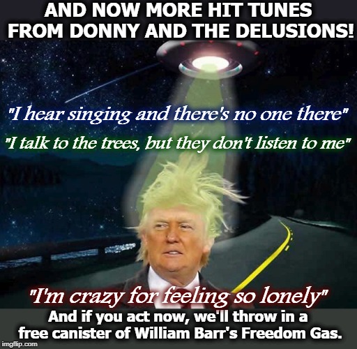 AND NOW MORE HIT TUNES FROM DONNY AND THE DELUSIONS! "I hear singing and there's no one there"; "I talk to the trees, but they don't listen to me"; "I'm crazy for feeling so lonely"; And if you act now, we'll throw in a free canister of William Barr's Freedom Gas. | image tagged in trump,delusional,crazy,freedom gas,william barr | made w/ Imgflip meme maker