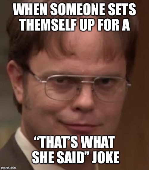 evil dwight | WHEN SOMEONE SETS THEMSELF UP FOR A; “THAT’S WHAT SHE SAID” JOKE | image tagged in evil dwight | made w/ Imgflip meme maker