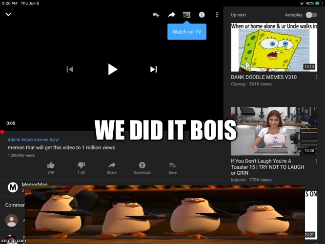 WE DID IT BOIS | image tagged in memes,dank memes,views,funny,youtube,penguin | made w/ Imgflip meme maker