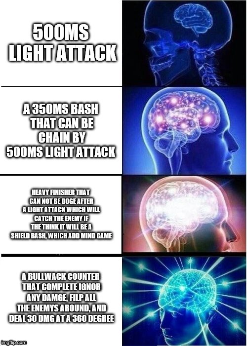 Expanding Brain | 500MS LIGHT ATTACK; A 350MS BASH THAT CAN BE CHAIN BY 500MS LIGHT ATTACK; HEAVY FINISHER THAT CAN NOT BE DOGE AFTER A LIGHT ATTACK WHICH WILL CATCH THE ENEMY IF THE THINK IT WILL BE A SHIELD BASH, WHICH ADD MIND GAME; A BULLWACK COUNTER THAT COMPLETE IGNOR ANY DAMGE, FILP ALL THE ENEMYS AROUND, AND DEAL 30 DMG AT A 360 DEGREE | image tagged in memes,expanding brain,for honor,black prior | made w/ Imgflip meme maker