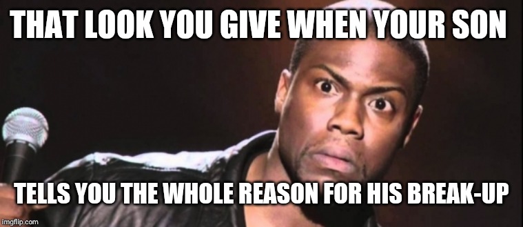 Kevin Hart Stare | THAT LOOK YOU GIVE WHEN YOUR SON; TELLS YOU THE WHOLE REASON FOR HIS BREAK-UP | image tagged in kevin hart stare | made w/ Imgflip meme maker