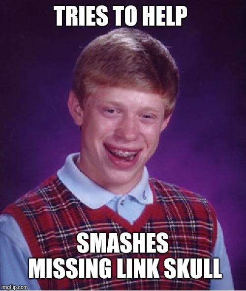 Bad Luck Brian Meme | TRIES TO HELP SMASHES MISSING LINK SKULL | image tagged in memes,bad luck brian | made w/ Imgflip meme maker