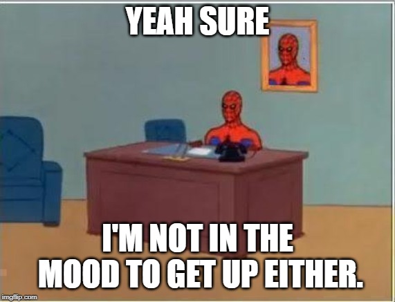 YEAH SURE I'M NOT IN THE MOOD TO GET UP EITHER. | image tagged in memes,spiderman computer desk,spiderman | made w/ Imgflip meme maker