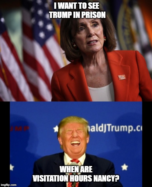 nancy pelosi donald trump | I WANT TO SEE TRUMP IN PRISON; WHEN ARE VISITATION HOURS NANCY? | image tagged in political meme | made w/ Imgflip meme maker