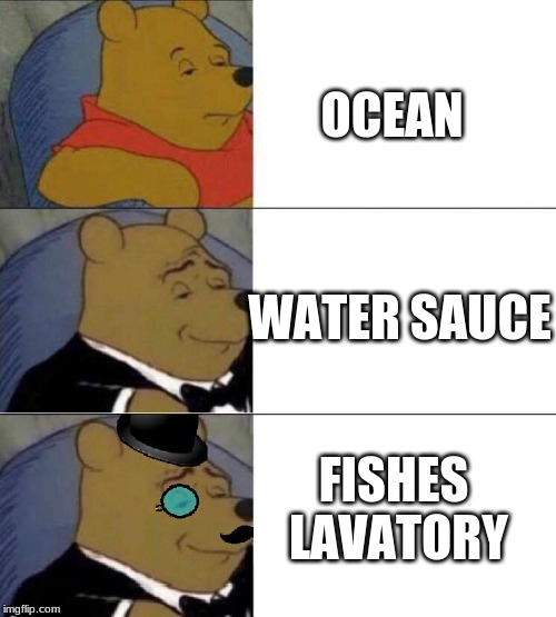 Winnie the pooh meme | OCEAN; WATER SAUCE; FISHES LAVATORY | image tagged in winnie the pooh meme | made w/ Imgflip meme maker