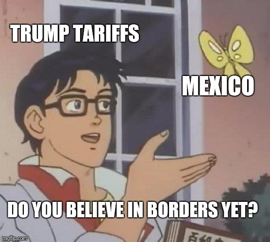 Is This A Pigeon Meme | TRUMP TARIFFS; MEXICO; DO YOU BELIEVE IN BORDERS YET? | image tagged in memes,is this a pigeon | made w/ Imgflip meme maker