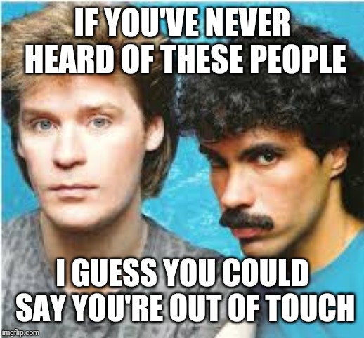 Hall and Oates | IF YOU'VE NEVER HEARD OF THESE PEOPLE; I GUESS YOU COULD SAY YOU'RE OUT OF TOUCH | image tagged in hall and oates | made w/ Imgflip meme maker