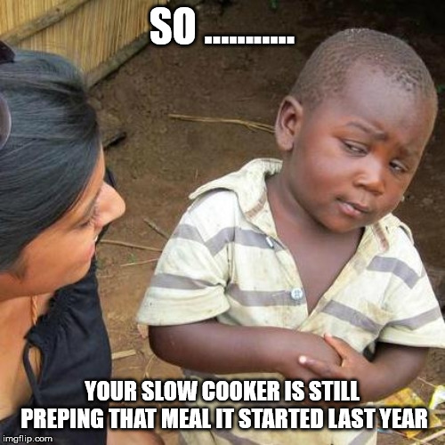 Third World Skeptical Kid Meme | SO ........... YOUR SLOW COOKER IS STILL PREPING THAT MEAL IT STARTED LAST YEAR | image tagged in memes,third world skeptical kid | made w/ Imgflip meme maker
