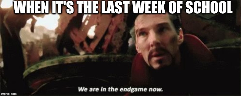 School's Endgame | WHEN IT'S THE LAST WEEK OF SCHOOL | image tagged in we're in the endgame now,marvel,avengers,memes,school | made w/ Imgflip meme maker