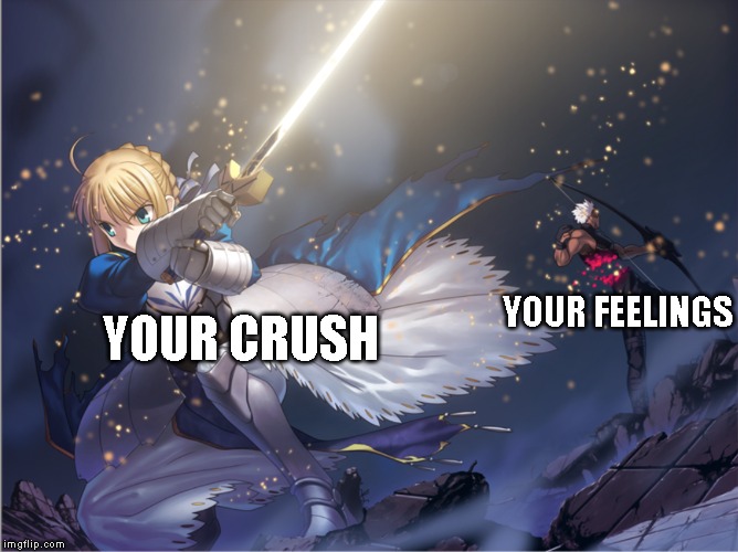 Inspired by a true story | YOUR FEELINGS; YOUR CRUSH | image tagged in fate/hollow ataraxia,anime | made w/ Imgflip meme maker