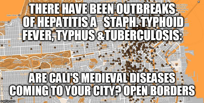 San Francisco Poop Map | THERE HAVE BEEN OUTBREAKS OF HEPATITIS A   STAPH. TYPHOID FEVER, TYPHUS &TUBERCULOSIS:; ARE CALI'S MEDIEVAL DISEASES COMING TO YOUR CITY? OPEN BORDERS | image tagged in san francisco poop map | made w/ Imgflip meme maker