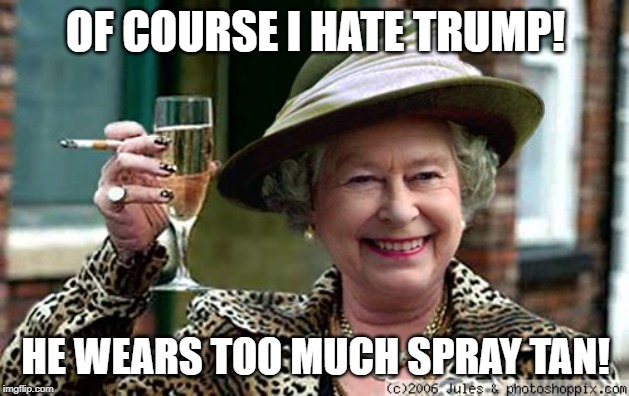 Queen Elizabeth | OF COURSE I HATE TRUMP! HE WEARS TOO MUCH SPRAY TAN! | image tagged in queen elizabeth | made w/ Imgflip meme maker