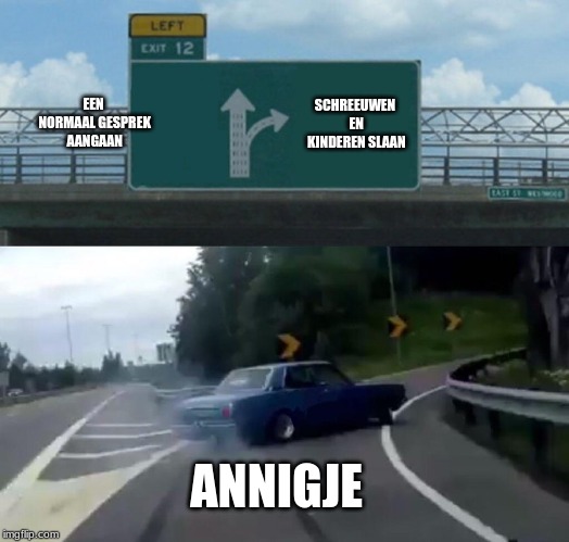 Left Exit 12 Off Ramp | EEN NORMAAL GESPREK AANGAAN; SCHREEUWEN EN KINDEREN SLAAN; ANNIGJE | image tagged in memes,left exit 12 off ramp | made w/ Imgflip meme maker