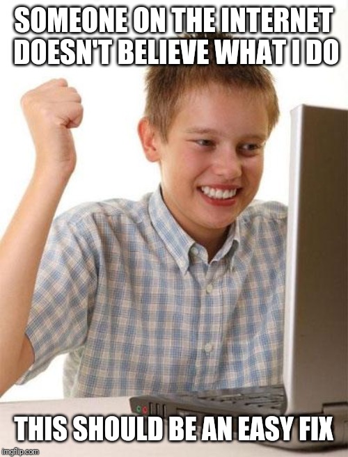 First Day On The Internet Kid Meme | SOMEONE ON THE INTERNET DOESN'T BELIEVE WHAT I DO; THIS SHOULD BE AN EASY FIX | image tagged in memes,first day on the internet kid | made w/ Imgflip meme maker