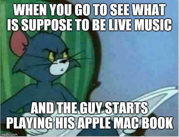 Is a Mac book an instrument ? | WHEN YOU GO TO SEE WHAT IS SUPPOSE TO BE LIVE MUSIC; AND THE GUY STARTS PLAYING HIS APPLE MAC BOOK | image tagged in interrupting tom's read,music is no longer music,talentless,sampling | made w/ Imgflip meme maker