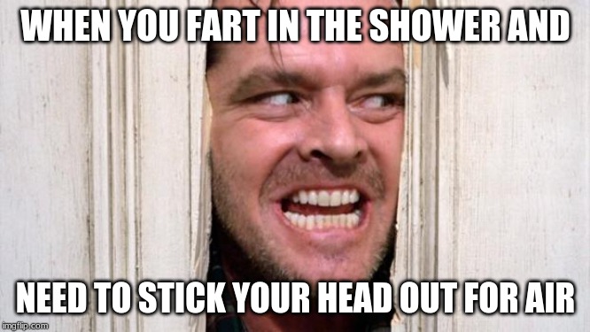 The Shining | WHEN YOU FART IN THE SHOWER AND; NEED TO STICK YOUR HEAD OUT FOR AIR | image tagged in the shining | made w/ Imgflip meme maker