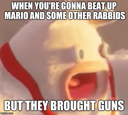 bwah | WHEN YOU'RE GONNA BEAT UP MARIO AND SOME OTHER RABBIDS; BUT THEY BROUGHT GUNS | image tagged in surprised rabbid kong | made w/ Imgflip meme maker