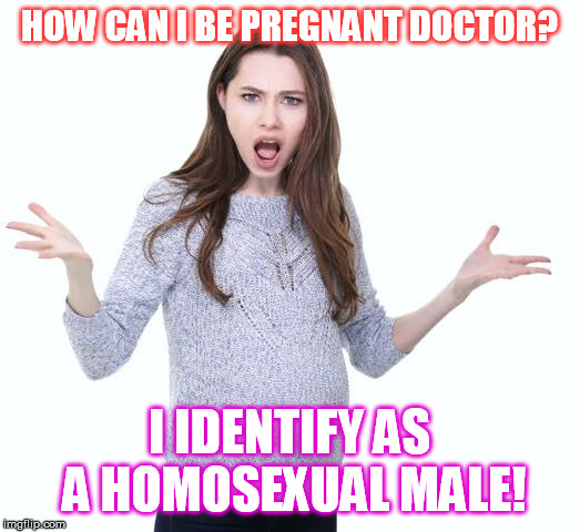 I think you are just trying to put me back under a glass ceiling! | HOW CAN I BE PREGNANT DOCTOR? I IDENTIFY AS A HOMOSEXUAL MALE! | image tagged in angry pregnant woman | made w/ Imgflip meme maker