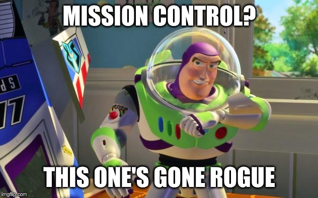 BUZZ AMERICANISTAS | MISSION CONTROL? THIS ONE'S GONE ROGUE | image tagged in buzz americanistas | made w/ Imgflip meme maker