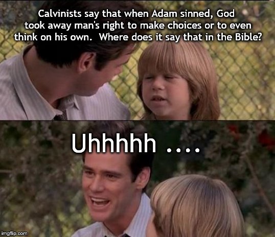 That's Just Something X Say Meme | Calvinists say that when Adam sinned, God took away man's right to make choices or to even think on his own.  Where does it say that in the Bible? Uhhhhh .... | image tagged in memes,thats just something x say | made w/ Imgflip meme maker