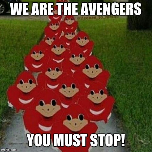 WE ARE THE AVENGERS YOU MUST STOP! | image tagged in ugandan knuckles army | made w/ Imgflip meme maker