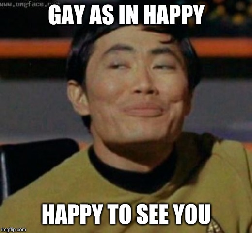 sulu | GAY AS IN HAPPY HAPPY TO SEE YOU | image tagged in sulu | made w/ Imgflip meme maker