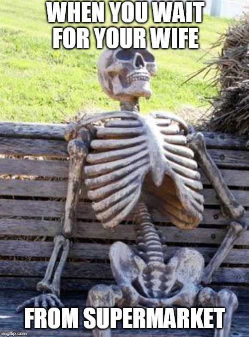 Waiting Skeleton | WHEN YOU WAIT FOR YOUR WIFE; FROM SUPERMARKET | image tagged in memes,waiting skeleton | made w/ Imgflip meme maker