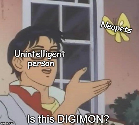 I mean, they have similar creatures... right? | Neopets; Unintelligent person; Is this DIGIMON? | image tagged in memes,is this a pigeon | made w/ Imgflip meme maker