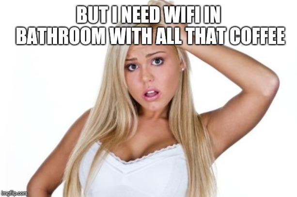 Dumb Blonde | BUT I NEED WIFI IN BATHROOM WITH ALL THAT COFFEE | image tagged in dumb blonde | made w/ Imgflip meme maker