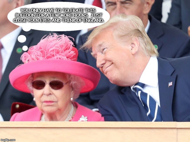 Exasperation | YOU ONLY HAVE TO TOLERATE THIS BUFFOON FOR A FEW MORE HOURS.  JUST CLOSE YOUR EYES AND THINK OF ENGLAND. | image tagged in exasperation,buffoon,the queen elizabeth ii,donald trump is an idiot | made w/ Imgflip meme maker