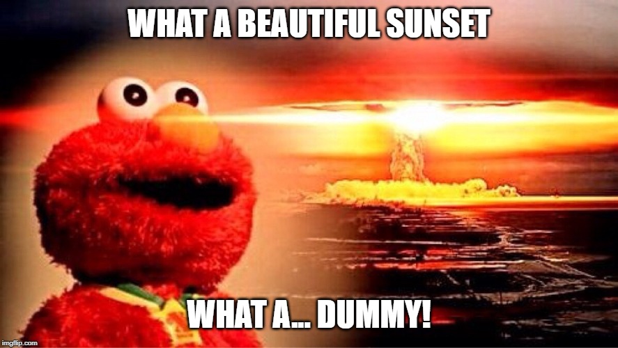 elmo nuclear explosion | WHAT A BEAUTIFUL SUNSET; WHAT A... DUMMY! | image tagged in elmo nuclear explosion | made w/ Imgflip meme maker