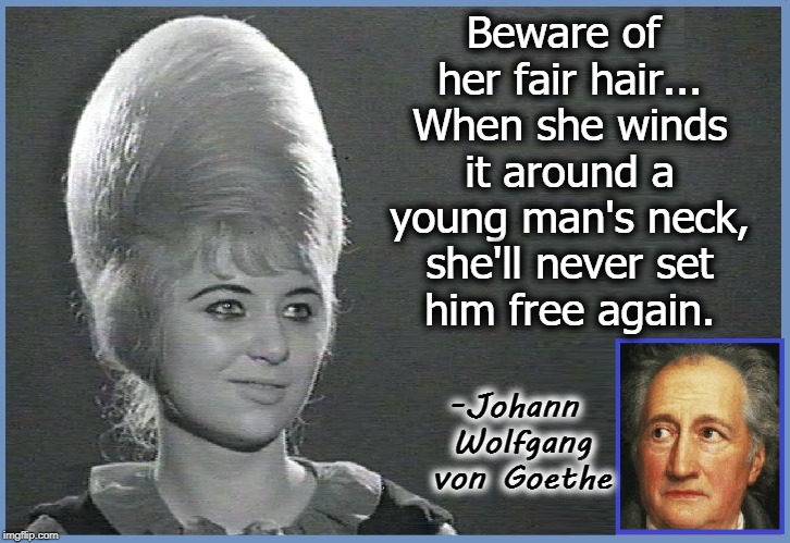 That's my Honey... in the Hive | Beware of her fair hair... When she winds it around a young man's neck, she'll never set   him free again. -Johann Wolfgang von Goethe | image tagged in vince vance,tall hair dude,big hair,goethe,blondes,not so dumb blonds | made w/ Imgflip meme maker