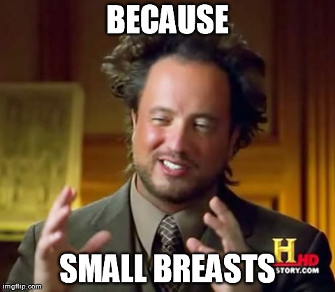 Ancient Aliens Meme | BECAUSE SMALL BREASTS | image tagged in memes,ancient aliens | made w/ Imgflip meme maker