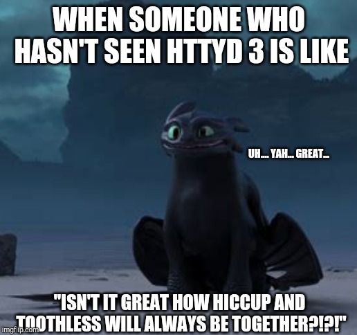 WHEN SOMEONE WHO HASN'T SEEN HTTYD 3 IS LIKE; UH.... YAH... GREAT... "ISN'T IT GREAT HOW HICCUP AND TOOTHLESS WILL ALWAYS BE TOGETHER?!?!" | image tagged in httyd,how to train your dragon,hiccup,toothless | made w/ Imgflip meme maker