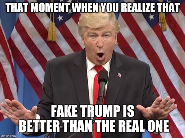 Fake Trump VS The Real one | THAT MOMENT WHEN YOU REALIZE THAT; FAKE TRUMP IS BETTER THAN THE REAL ONE | image tagged in fake trump,snl | made w/ Imgflip meme maker