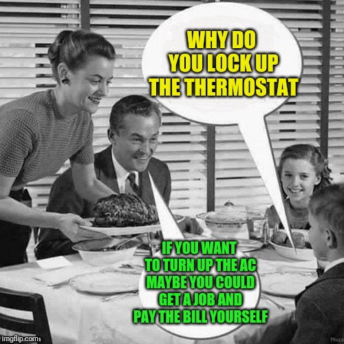 Vintage Family Dinner | WHY DO YOU LOCK UP THE THERMOSTAT IF YOU WANT TO TURN UP THE AC MAYBE YOU COULD GET A JOB AND PAY THE BILL YOURSELF | image tagged in vintage family dinner | made w/ Imgflip meme maker