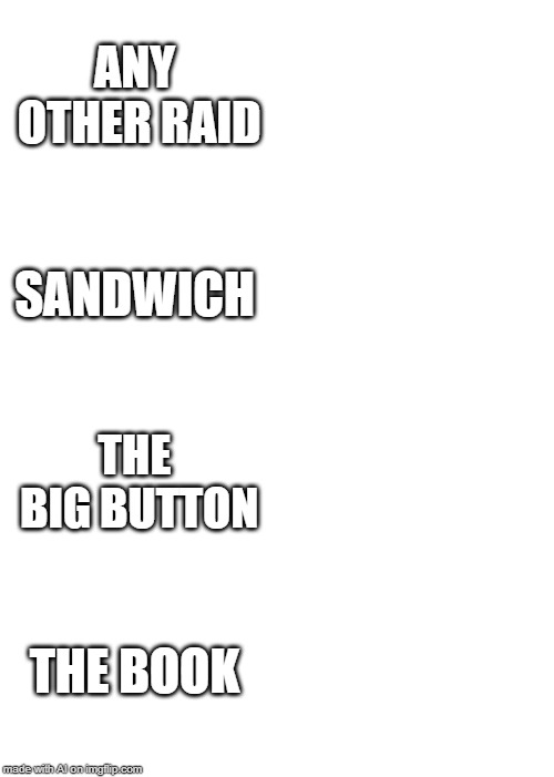 Expanding Brain Meme | ANY OTHER RAID; SANDWICH; THE BIG BUTTON; THE BOOK | image tagged in memes,expanding brain | made w/ Imgflip meme maker