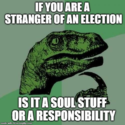 Philosoraptor | IF YOU ARE A STRANGER OF AN ELECTION; IS IT A SOUL STUFF OR A RESPONSIBILITY | image tagged in memes,philosoraptor | made w/ Imgflip meme maker