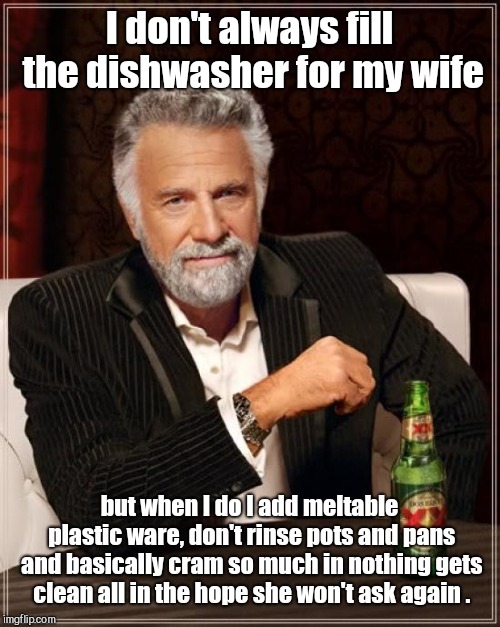 About the dishwasher, ladies | I don't always fill the dishwasher for my wife; but when I do I add meltable plastic ware, don't rinse pots and pans and basically cram so much in nothing gets clean all in the hope she won't ask again . | image tagged in memes,the most interesting man in the world,lazy | made w/ Imgflip meme maker