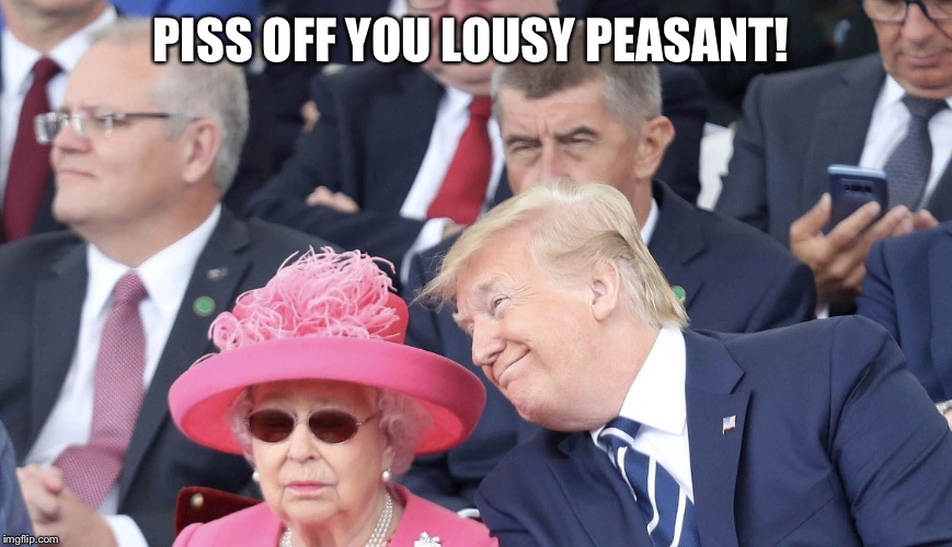 Piss Off You Peasant! | PISS OFF YOU LOUSY PEASANT! | image tagged in piss off you lousy peasant,queen elizabeth,donald trump,shade,lol,lol so funny | made w/ Imgflip meme maker