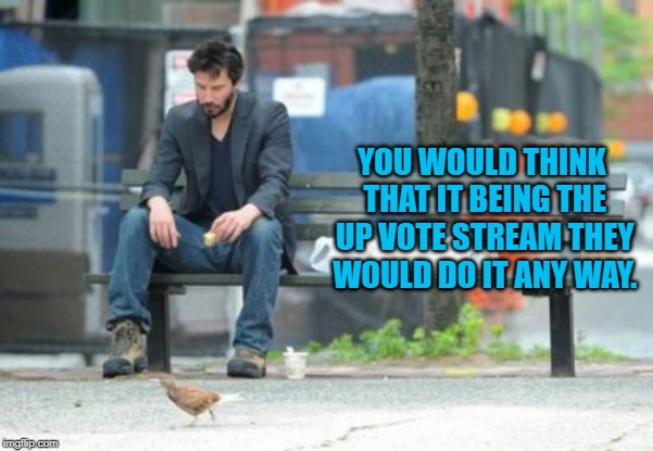 Sad Keanu Meme | YOU WOULD THINK THAT IT BEING THE UP VOTE STREAM THEY WOULD DO IT ANY WAY. | image tagged in memes,sad keanu | made w/ Imgflip meme maker