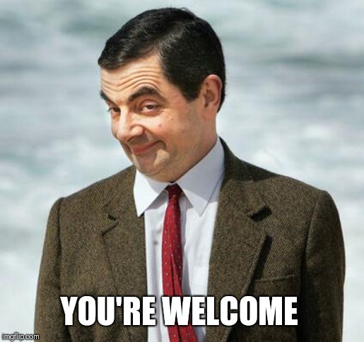 mr bean | YOU'RE WELCOME | image tagged in mr bean | made w/ Imgflip meme maker