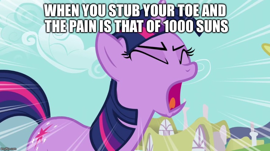 Twilight Sparkle Yelling | WHEN YOU STUB YOUR TOE AND THE PAIN IS THAT OF 1000 SUNS | image tagged in twilight sparkle yelling | made w/ Imgflip meme maker